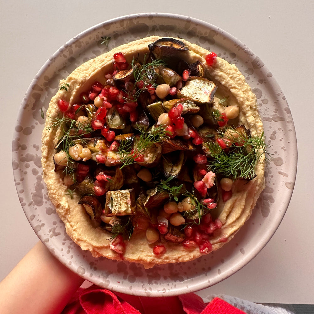 MELANZANE, HUMMUS E MELOGRANO